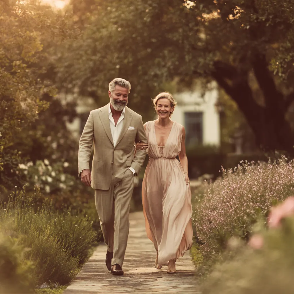 mature couple aged 45+, walking slowly in a private luxury estate garden