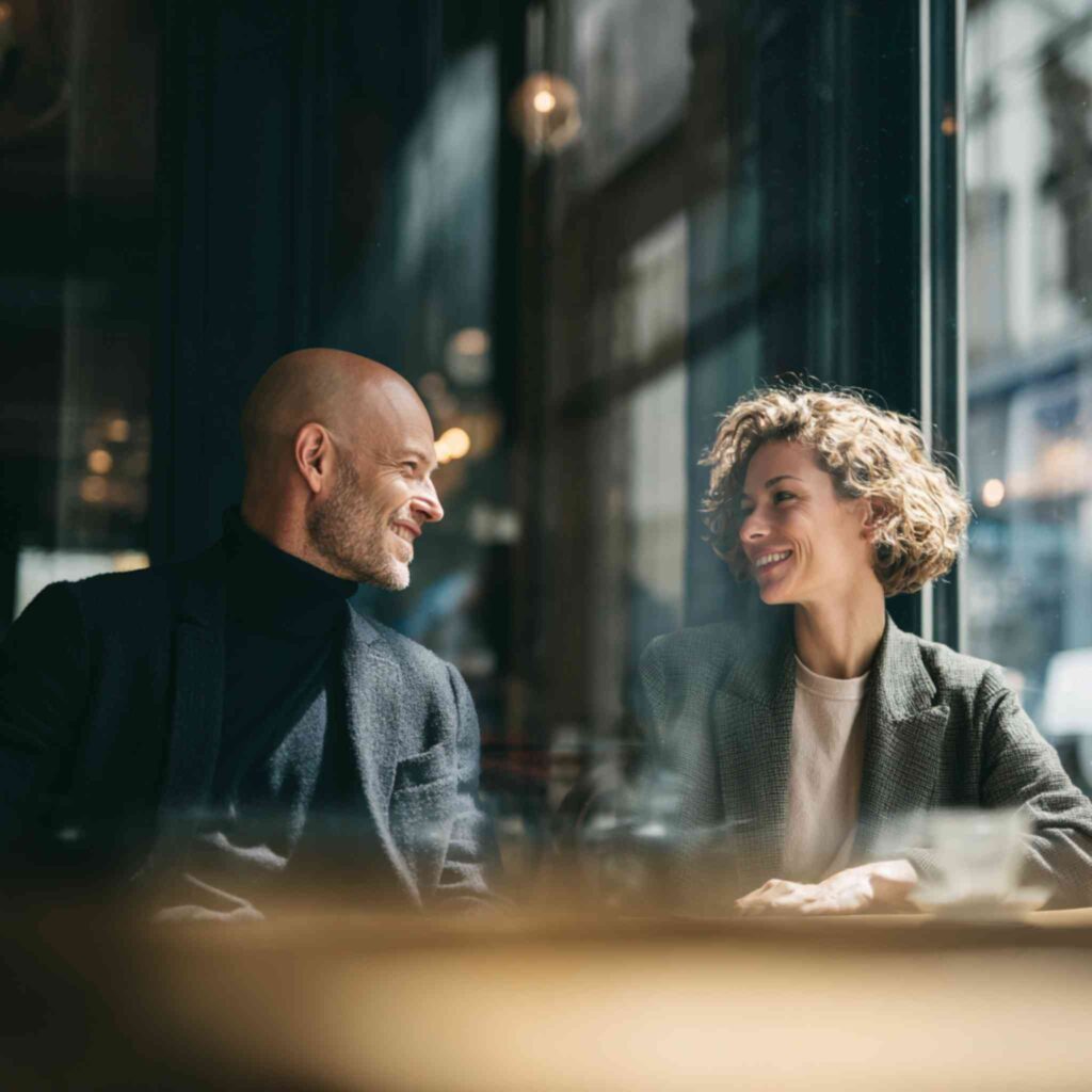 A British couple sitting together and having a conversation.