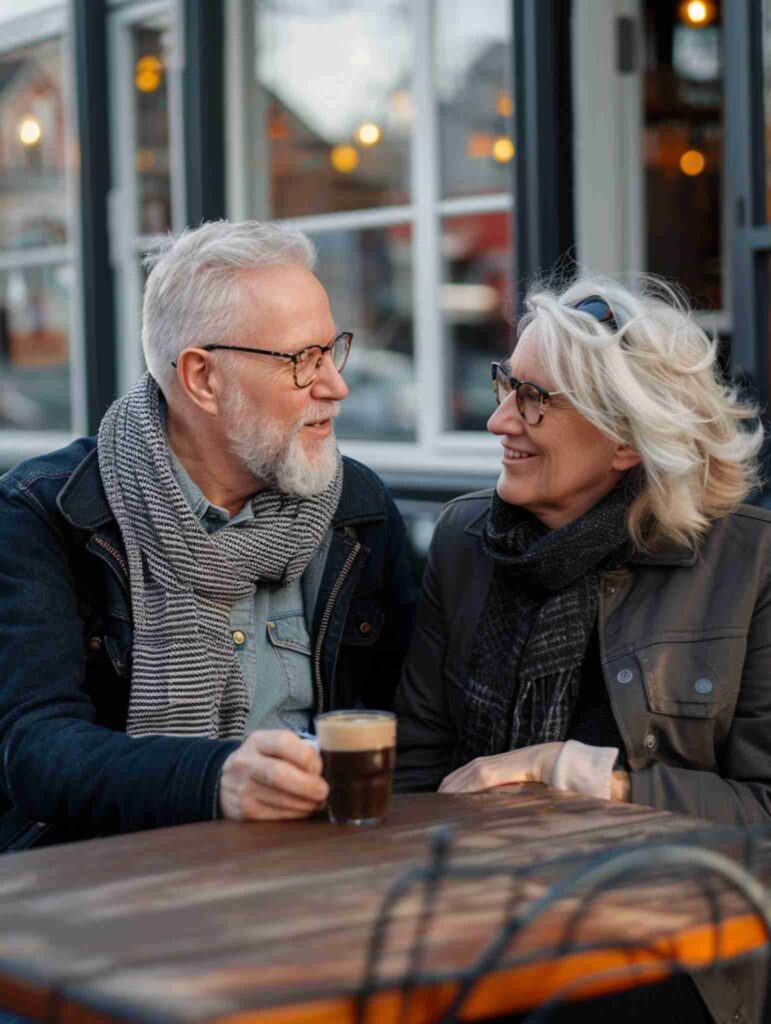 47-year-old American couple sitting at an outdoor café.
