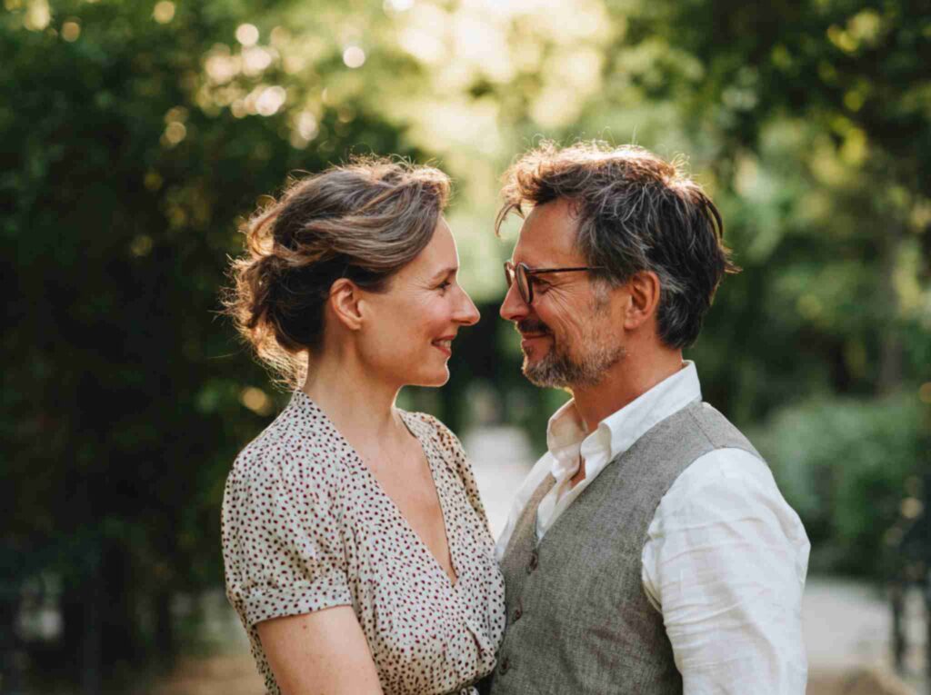 a 45-year-old couple standing close together on a small path in a park,
