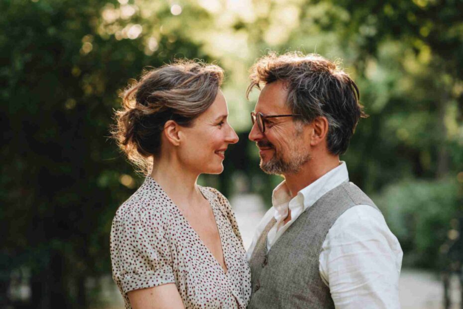 a 45-year-old couple standing close together on a small path in a park,