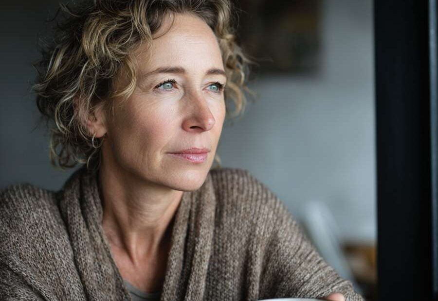 a woman in her early 50s sitting alone in a modern cafe, looking slightly distant and thoughtful,