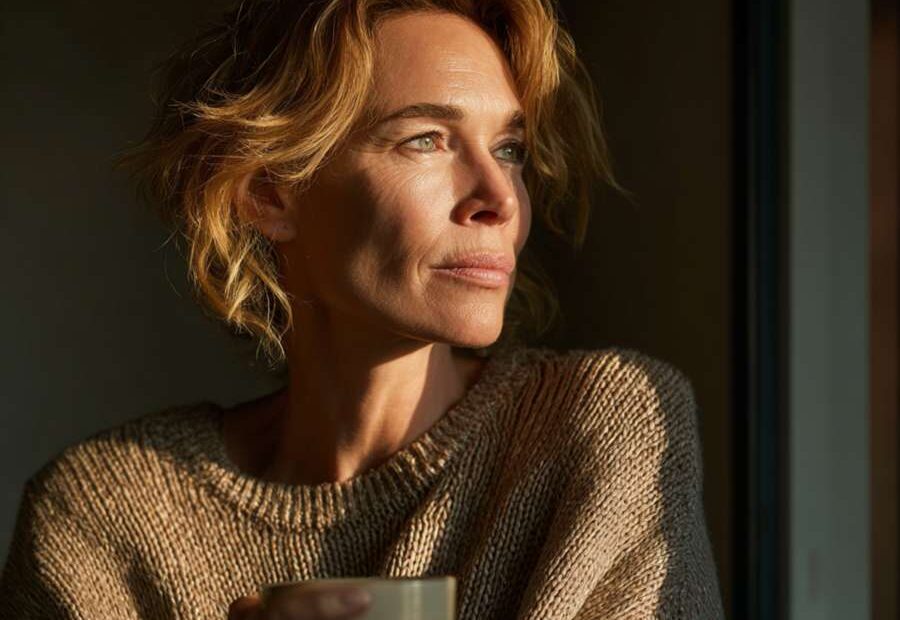woman reflecting quietly after divorce in soft natural light