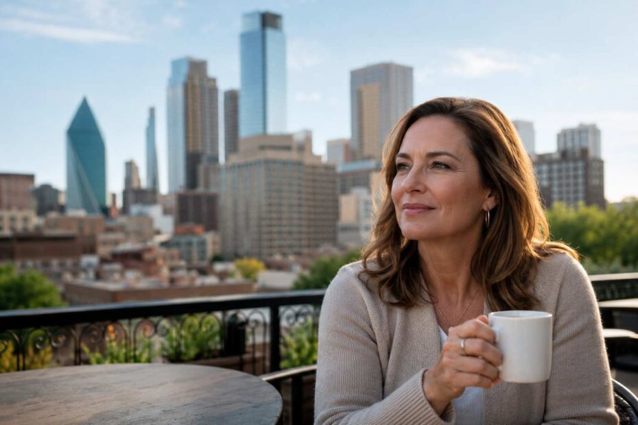 A woman is relaxing moment at a city café.