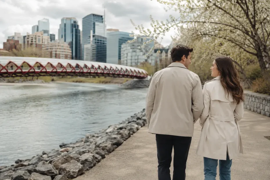 Riverside stroll by the city skyline