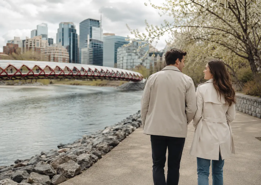 Riverside stroll by the city skyline