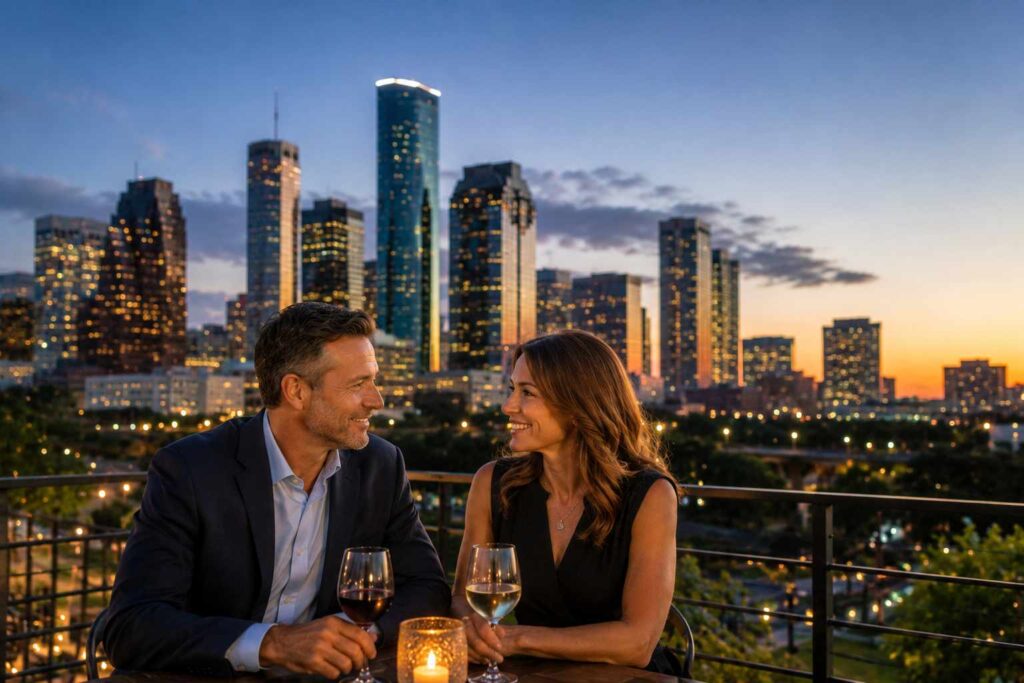 divorced couple enjoying a relaxed rooftop dinner with the Houston skyline at sunset