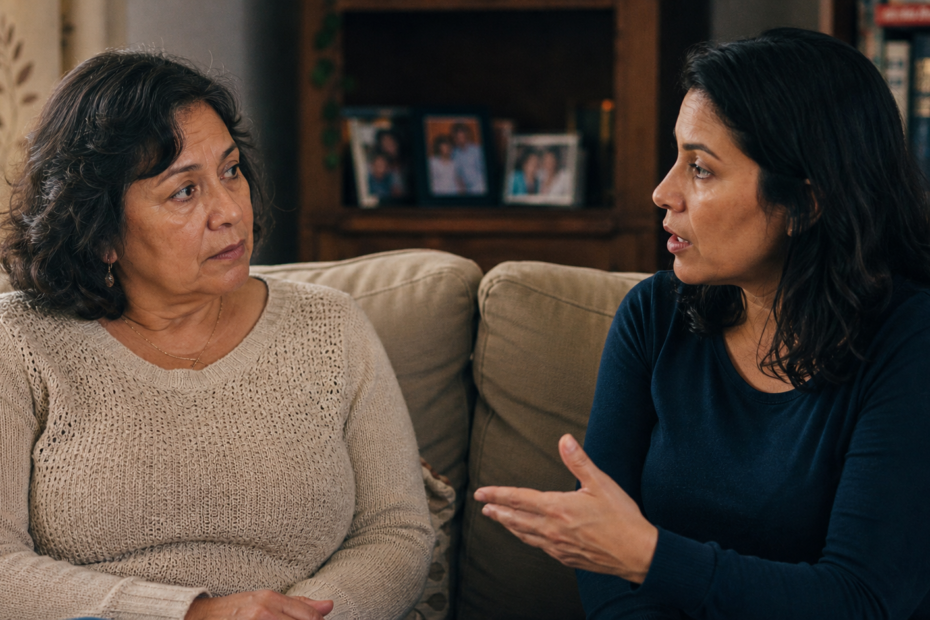 Latina mother and adult daughter discussing a new relationship respectfully