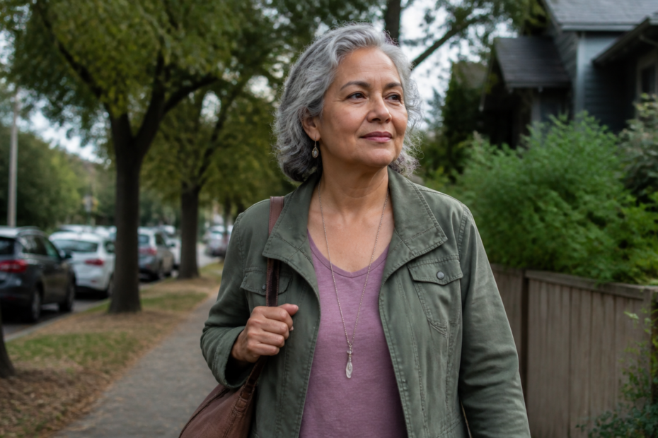 Latina woman over 60 walking confidently through her neighborhood after gray divorce