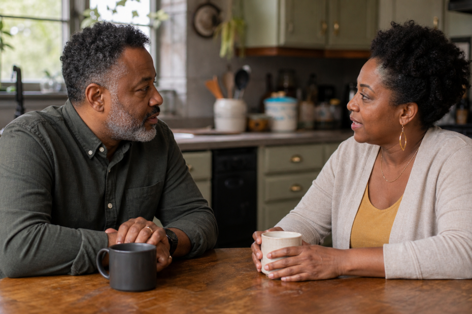Black couple discussing financial boundaries calmly in a comfortable kitchen