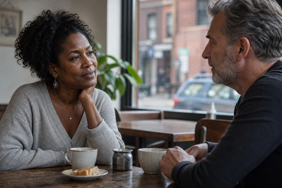 Black woman and white man having a calm first-date conversation about personal history