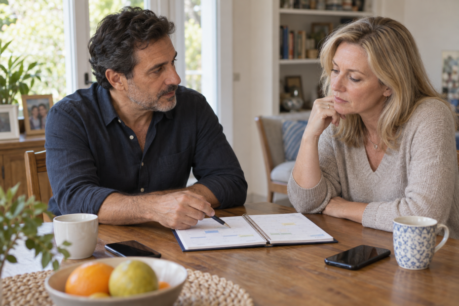 Spanish man and British woman around fifty discussing healthy relationship boundaries