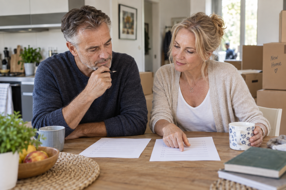 German man and Australian woman over fifty planning a shared home at a kitchen table