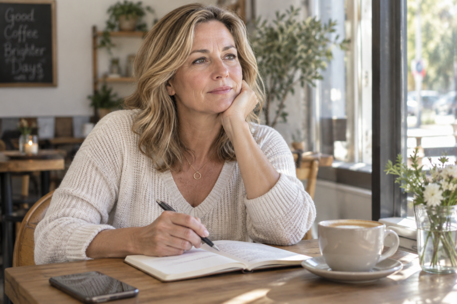 White American woman in her late forties reflecting calmly in a cafe after divorce